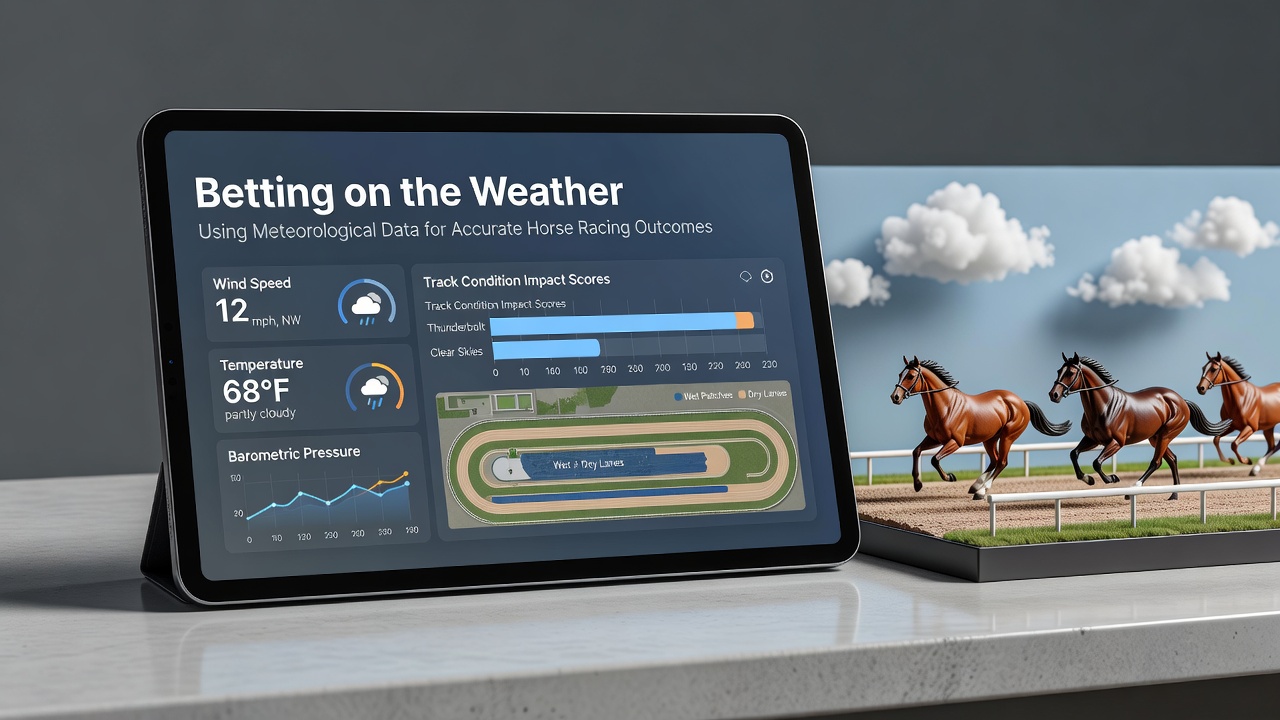 Weather data visualization showing rainfall and wind patterns over horse racing tracks