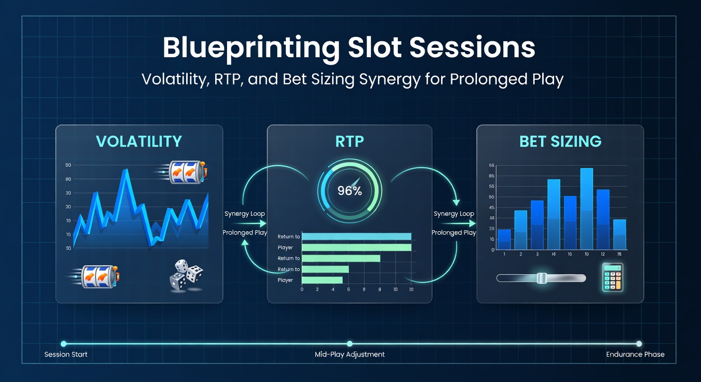 Dynamic slot machine interface displaying spinning reels alongside volatility charts and RTP metrics, illustrating session planning elements