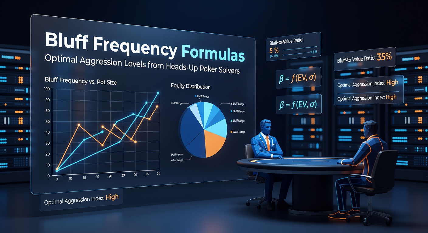 Poker solver dashboard displaying colorful charts of bluff frequencies and aggression levels in heads-up scenarios