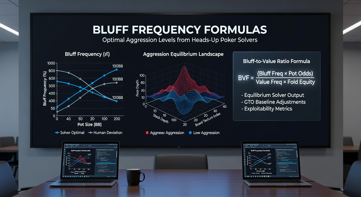 Close-up of a poker hand analysis from a solver, highlighting bluff and value bet frequencies on a textured board