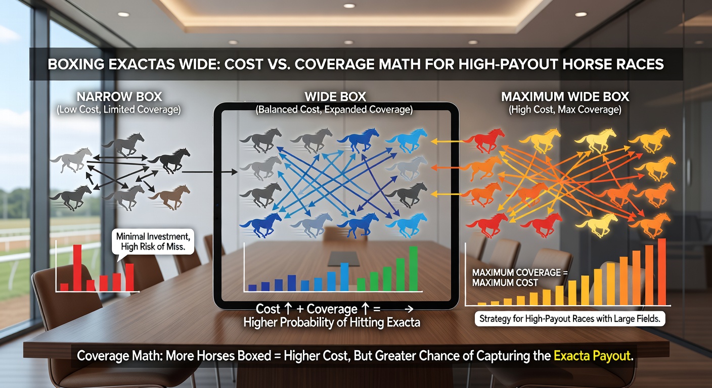 Close-up of a betting slip showing multiple exacta box combinations, with calculators and race programs scattered nearby, illustrating the strategic math involved