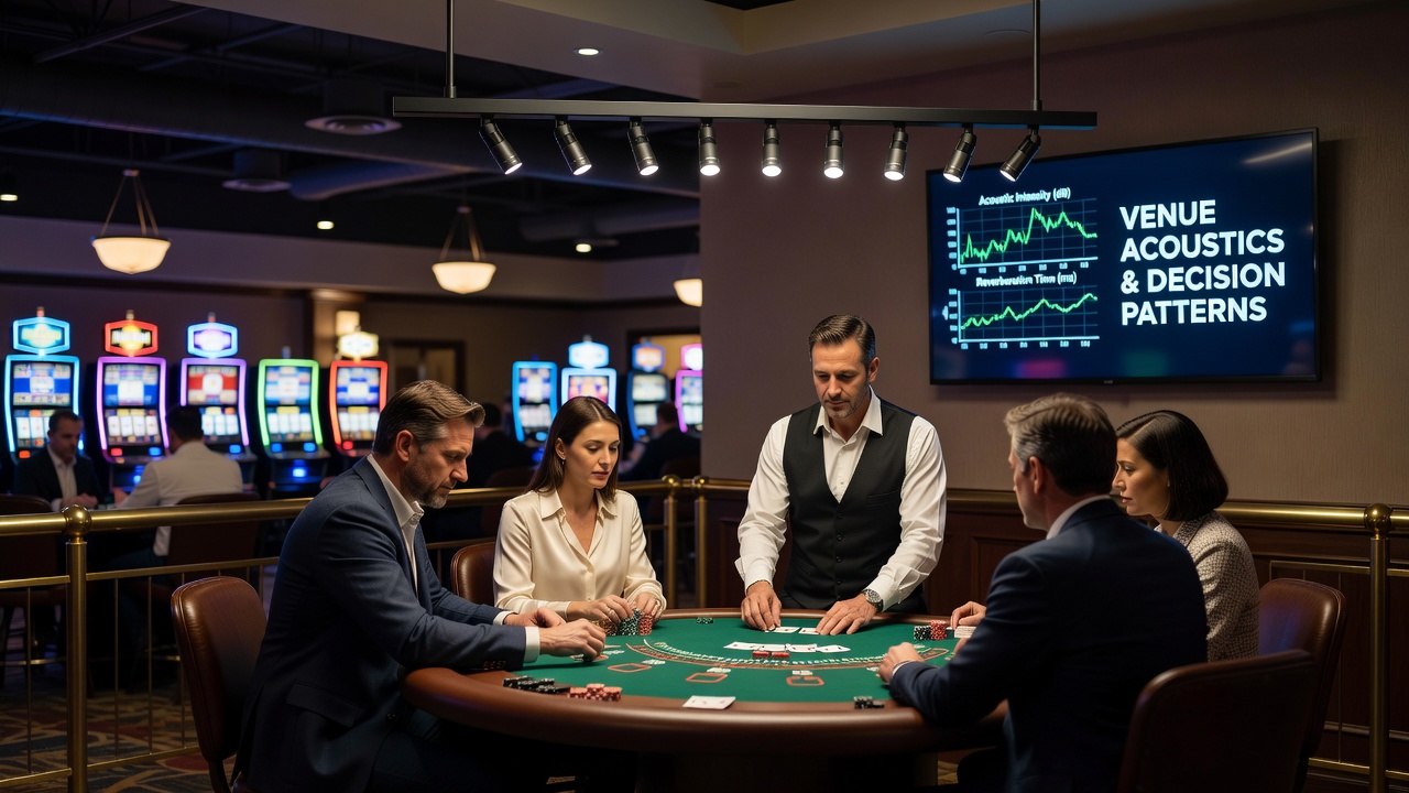 Interior view of a regional casino blackjack table with ambient lighting and sound equipment positioned around the playing area