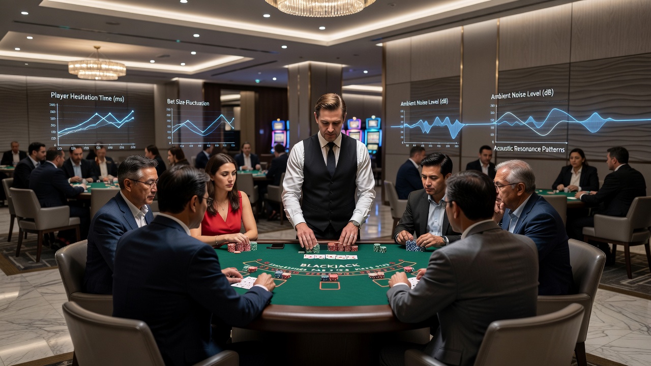 Close-up of a blackjack felt surface with players and dealer, highlighting speaker placement along the pit railing