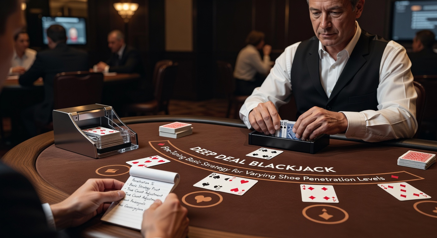 Strategy chart overlay on a blackjack table, highlighting adjusted plays for deep shoe penetration with color-coded zones for different cut card positions