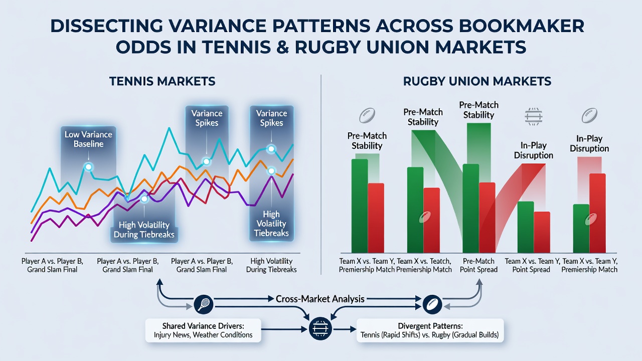 Rugby union match analysis screen next to tennis odds comparison chart