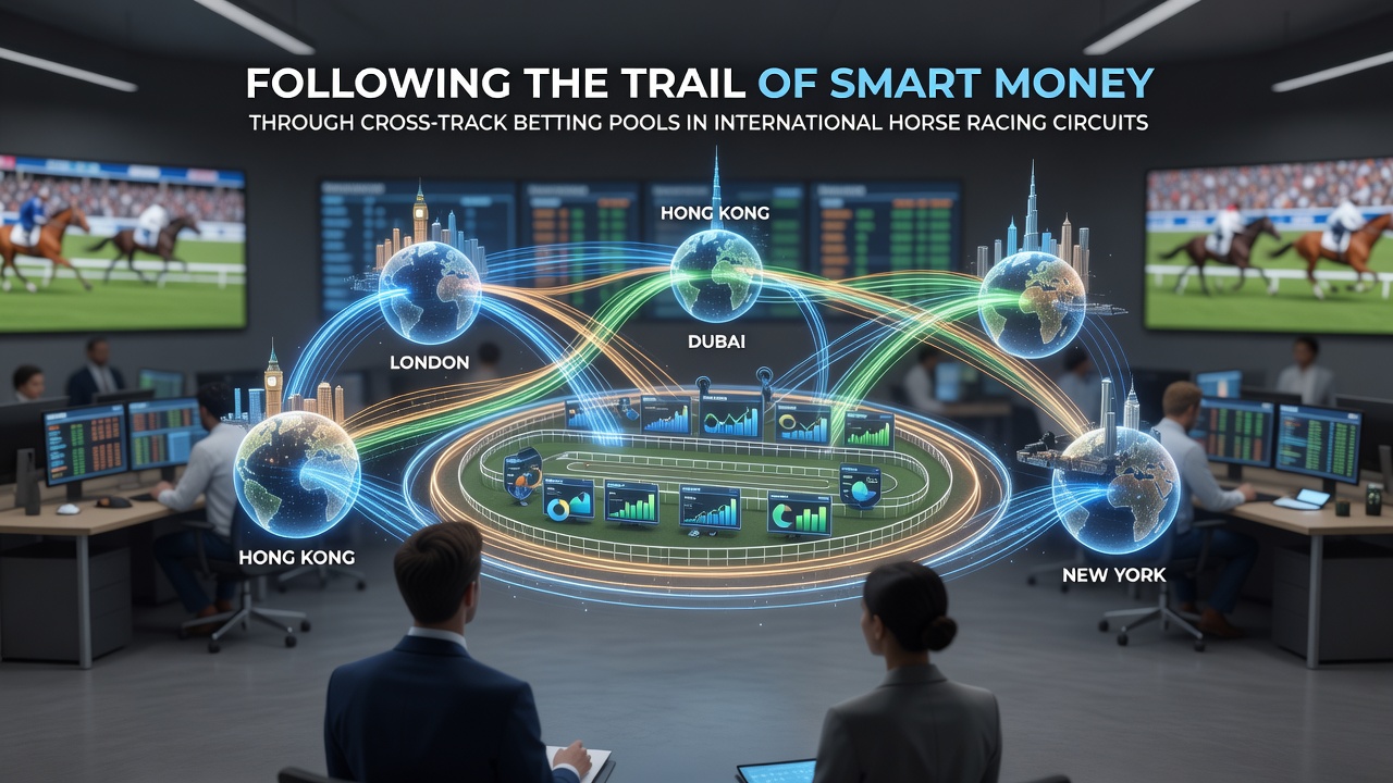Detailed view of international horse racing betting terminals and pool displays showing cross-track wagering activity