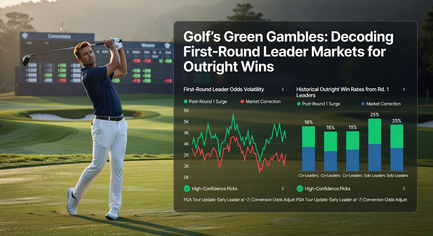 Data visualization chart showing historical conversion rates from first-round leaders to outright golf tournament winners, with bars highlighting majors versus regular events