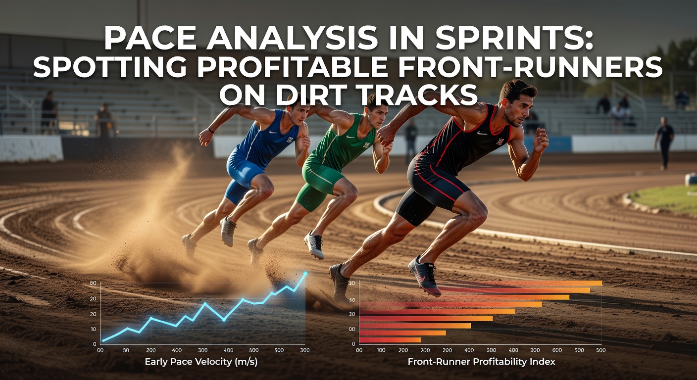 A dirt track sprint race in full throttle, with a front-runner pulling ahead early under a clear blue sky, kicking up dust as the pack chases