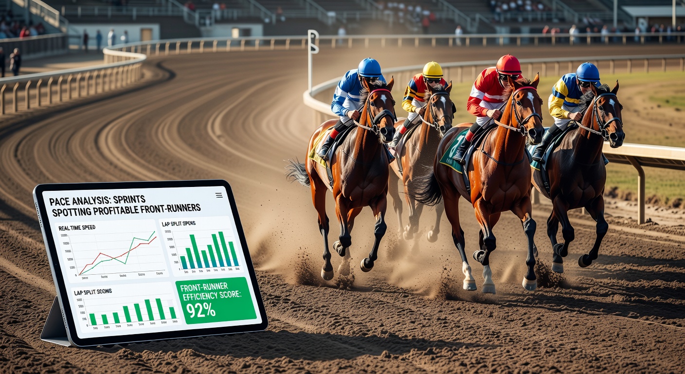 Close-up of a jockey urging a front-running horse along the dirt rail during a sprint, with blurred competitors trailing in the stretch amid flying dirt clods