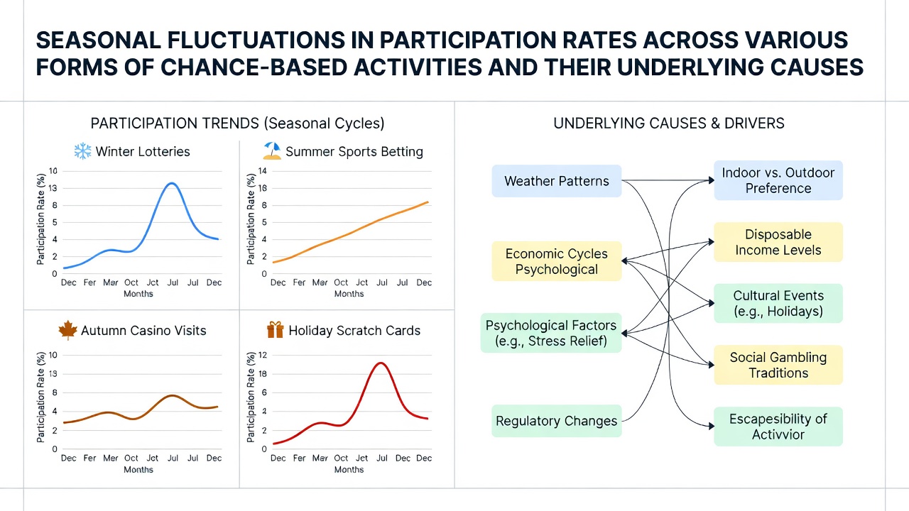 Chart displaying monthly participation fluctuations in lotteries, casinos, and online gaming across different regions