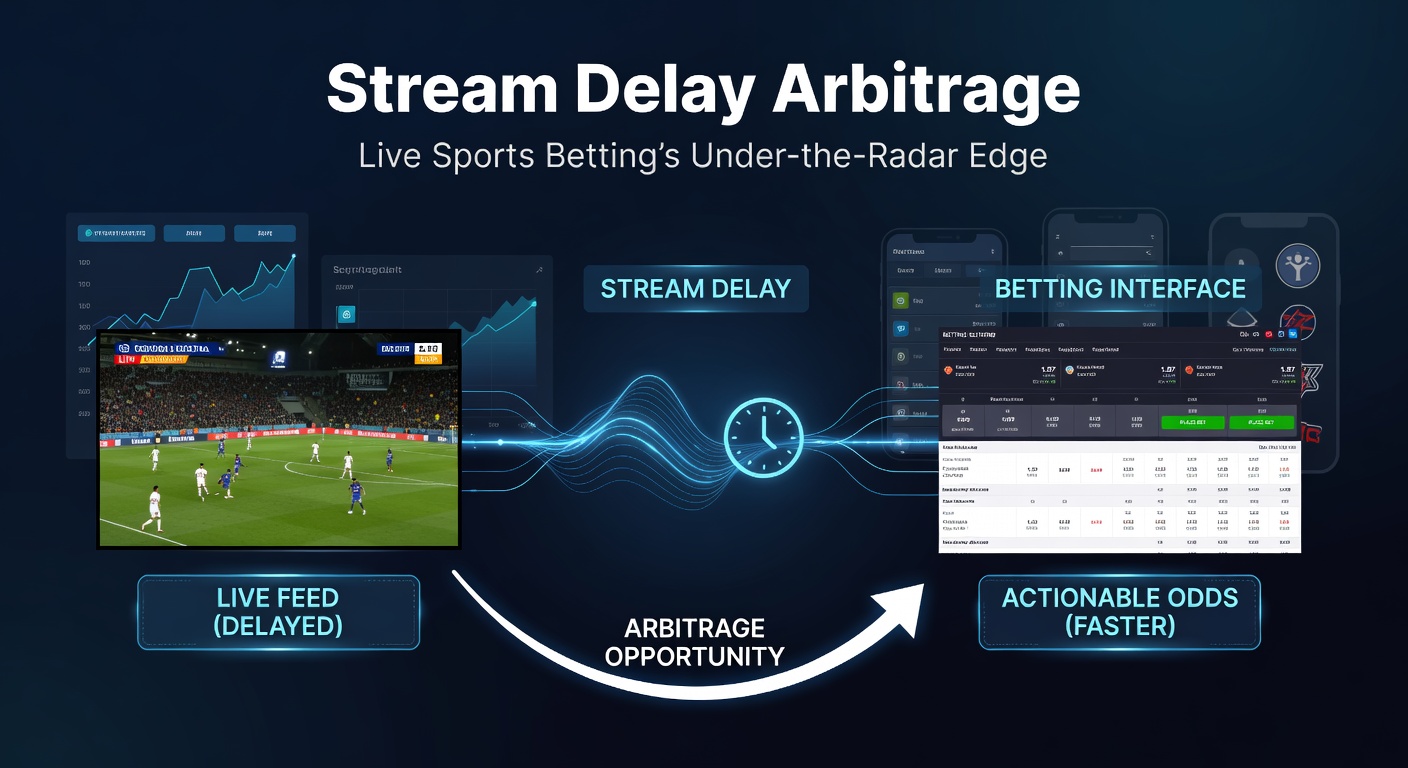 A split-screen view showing a delayed sports stream on one side and real-time betting odds updating rapidly on the other, highlighting the arbitrage opportunity in live wagering