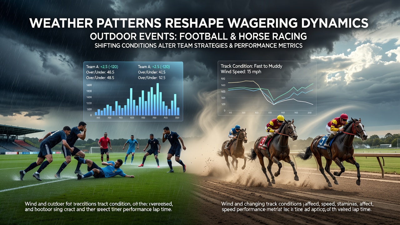 Weather conditions affecting a football pitch and nearby horse racing track during an outdoor event